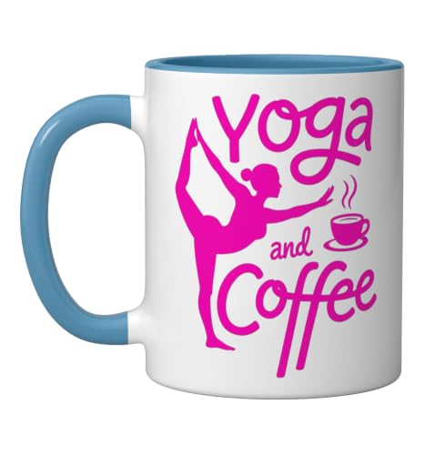Yoga and Coffee Mindful Morning Exercise Relaxation Ceramic Mug, Blue/White, 11oz
