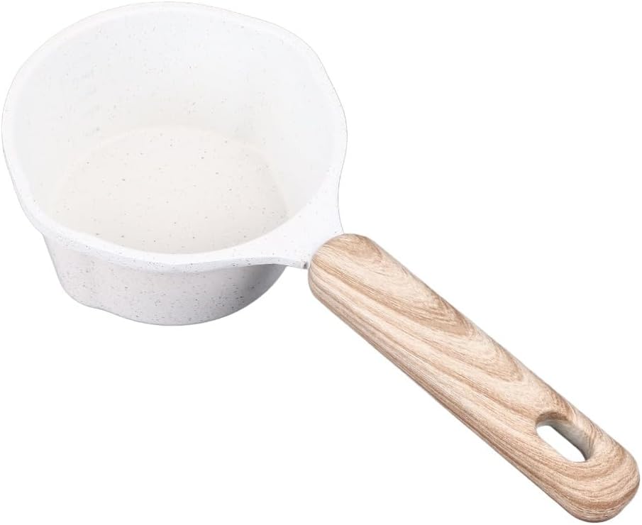 Sauce Pan 3.94 In – Dual Pour Spouts, Non-Stick Maifan Stone Coating for Heating Oil & Milk, Wood Handle, Induction Cooker/Gas Compatible(White)