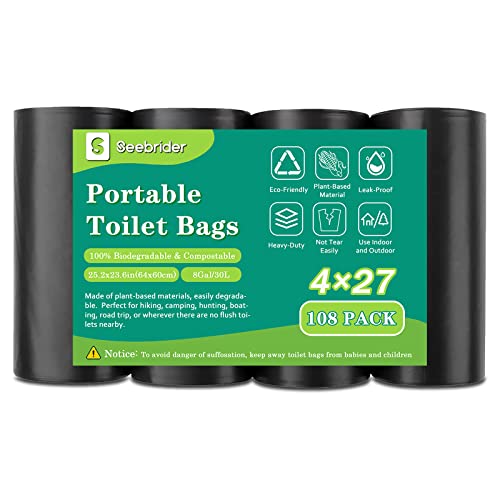 SEEBRIDER 108 Portable Toilet Bags, Biodegradable Camping Toilet Bags 8 Gallon Thickened Portable Potty Bags for 5 Gallon Bucket Toilet Compostable Bags for Adults Outdoor Travel