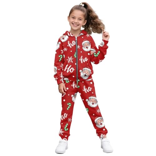 Wideasale Girls 2 Piece Sweatsuit Sets Christmas Santa Claus Hoho Soft Full Zip Hoodie with Pockets Oversized Pullover Sweatshirt and Sweatpant Jogger Fall Fashion Outfits