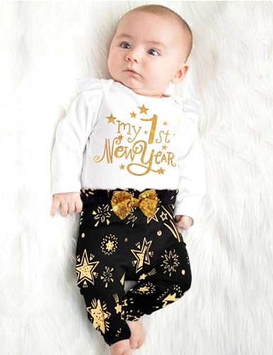 My First New Years Baby Girl Outfit Ruffle Long Sleeve Top Party Gift Pattern Pants Headband 3 Piece Set3