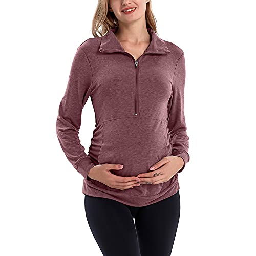 Ginkana Maternity Pullover Shirt Maternity Zipper Shirts Lapel Long Sleeve Casual Lightweight Pregnancy Tops With Pockets,Burgundy,M #TOP3