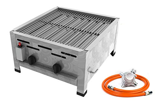Gastro Edelstahl Gasbräter 2 flammig 9,0 KW mit Grillrost f. Propangas + Gasschlauch, Gewerberegler + SBS (Kocher - Wurstbräter, Gasgrill Gastrokocher, Gasherd, Bräter, Gril)