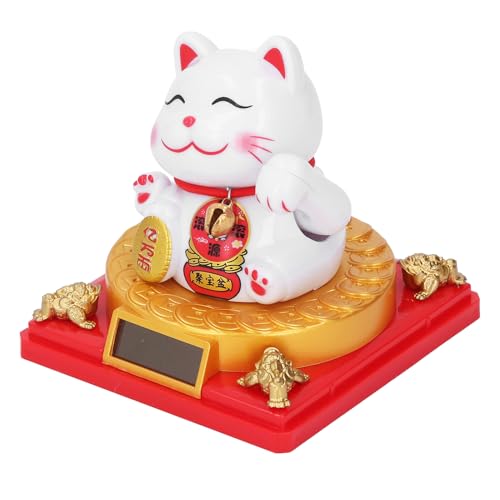 Solar Powered Lucky Cat with Waving Arm for Home, Office, Car Decoration, Plastic, No Batteries or Plugs Required (Small 8x26cm)