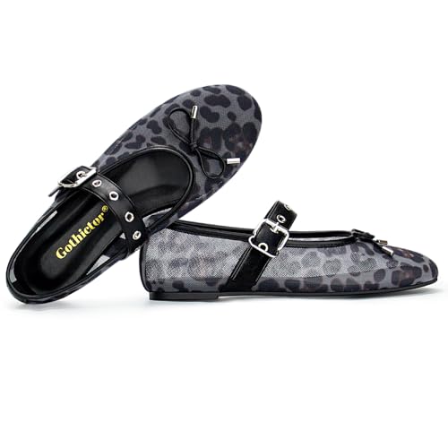 Image of Gothictor Women's Mesh Ballet Flats Round Toe Leopard Mary Jane Shoes Women | Cushioned Comfort, Easy to Style, Buckle Strap, Cheetah Print, Ballerina, Breathable, Wide Width, Non-Slip, Dressy Casual