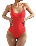 SUUKSESS Women Sexy Backless Thong Bodysuits Scoop Neck Sleeveless Basic Cami Body Suit Top (Red, S)