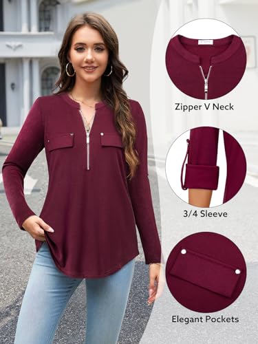 Image of Bulotus 3 /4 Length Sleeve Womens Striped Tops Zipper V Neck Collared Blouses Business Casual Tunics 2026 Spring Trendy