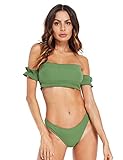 SweatyRocks Women's Sexy Bikini Set Solid Color Off Shoulder Bandeau Two Piece Swimsuit Green M