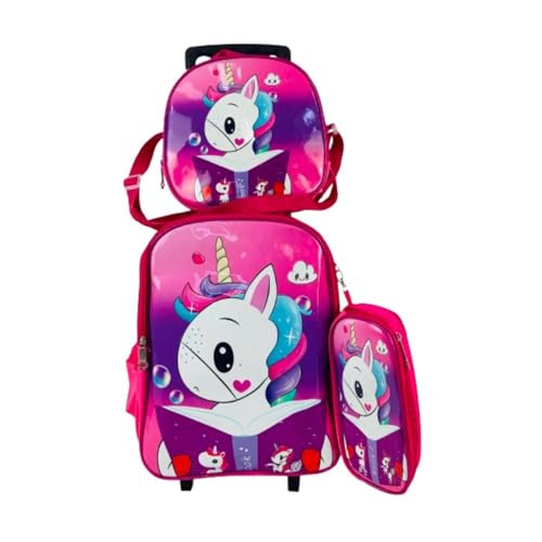 Kit Mochila Infantil Rodinhas Meninas Unicórnio Escolar Estojo Lancheira Térmica Bolsa Carrinho ROSA