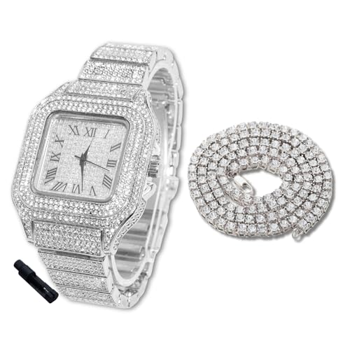 Image of HALUKAKAH Diamonds Gold Watch Iced Out for Boy Teens Kids - Platinum Plated,40mm Square Dial,Japanese Quartz - 18.5cm Length - Comes with Tennis Chain 40cm,with Watch Adjuster Tool - for Birthday