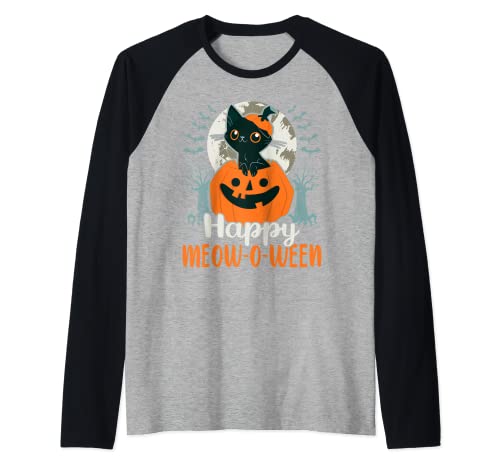 Divertido gatito de Halloween con calabaza Happy Meow-o-ween Camiseta Manga Raglan