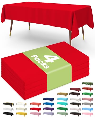Pureegg Plastic Table Cloth Disposable 4 Pack 54 x 108 Inch Table Cloths for Parties Decorative Tablecloths for Rectangle Tables Red Plastic Cover Leakproof & Sturdy Red