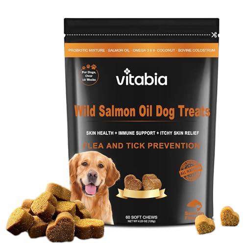 Salmon Oil for Dogs Chews | Dog Treats For Itchy Dry Skin, Allergies and Flea Treatment for Dogs With Omega 3 Fish Oil For Dogs, Probiotics for Dogs and Vitamins - Dog Chews (60 Dog Treats)