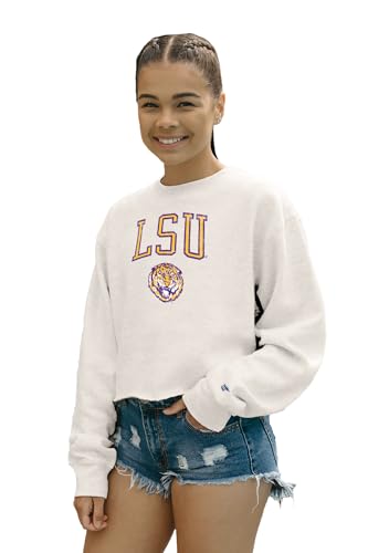 LSU Tigers Womens Crop Crewneck Sweatshirt Vintage Arch Over White, Large