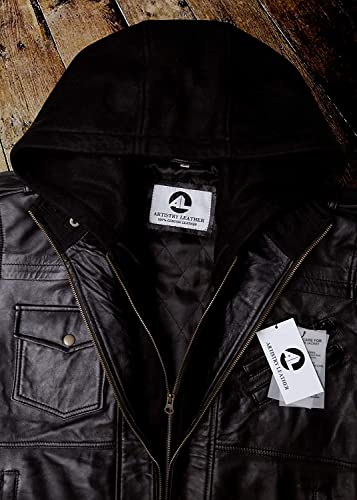 Mens Genuine Black Hooded Bomber Leather Jacket | Real Lambskin Waxed Brown Leather Jackets For Men With Removable Hood (Black, Medium) #TOP5