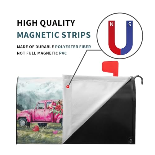 Image of Happy Valentines Day Mailbox Cover Magnetic Valentine Truck Dog Flowers Mailbox Wrap Post Cover Large Size 25.5x21 Inch for Garden Yard Outdoor Outside Patio Wedding Holiday Decor