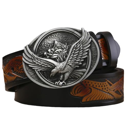 Ceinture en cuir avec aigle relief et boucle argent gravée style antique de luxe