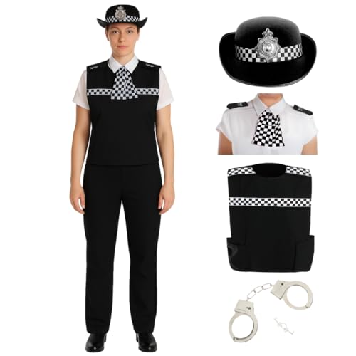 Womens Police Officer Costume Adult Cop Uniform Outfit with Police Vest Hat Cuffs Epaulettes & Scarf for Fancy Dress Role Play Halloween Party & Stag Do - X-Large