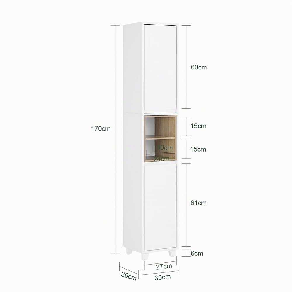 SoBuy Mueble Baño Estrecho con Puertas y Baldas Abiertas 30x170x30 cm | Armario Estrecho y Alto Blanca de MDF/PB Mueble Auxiliar Baño con Estantes Ajustables para Almacenaje BZR147-W