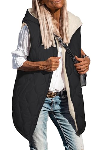 Image of ECOWISH Women Long Puffer Vest: Fall Zip up Reversible Fleece Jacket 2025 Winter Warm Sleeveless Hooded Coat with Pockets 462 Black M