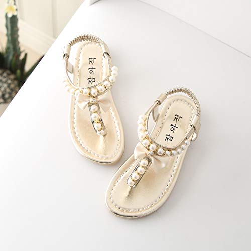 Moonker Baby Boys Girls Summer Sandals Beach Shoes For 1-12 Years Old Children Kids Bowknot Pearl Princess Thong Sandals (5-5.5 Years Old, Gold) #TOP2