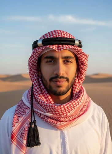 وشاح راس كوفية تقليدي من الشرق الاوسط، نمط مربعات احمر وابيض/ابيض نقي، شريط عقيق اسود قابل للتعديل (احمر، مقاس 57)