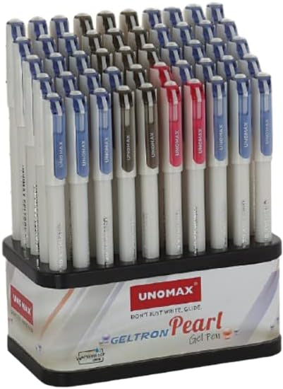 UNOMAX Geltron Pearl Gel Fine Pen - Pack of 50 Pens (35 Blue, 12 Black and 3 Red) | Water Proof Ink | White Body