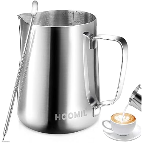 HOOMIL Milk Jug, 350ml/12oz Stainless Steel Milk Frothing Jug Barista Milk Pitcher Cup for Espresso Machine Coffee Cappuccino Latte Art - Silver Cover