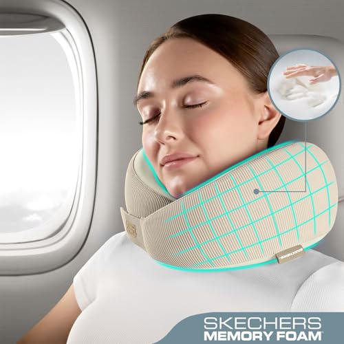 Image of Skechers Men's Memory Foam Neck Pillow, Comfortable & Breathable Travel Pillow, Neck Pillow Airplane for Travel, Car Rides, Home, and Office Use, Ergonomic Design for Men and Women,Beige