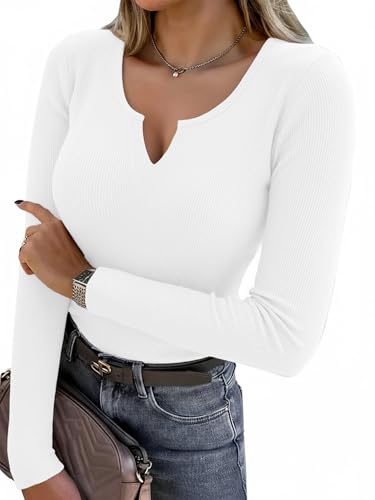 Aottori Long Sleeve Tops for Women UK Ribbed V Neck T Shirts Ladies Basic Top Casual Cotton Base Layering Soft Breathable Elasticated Jersey Pullover White S