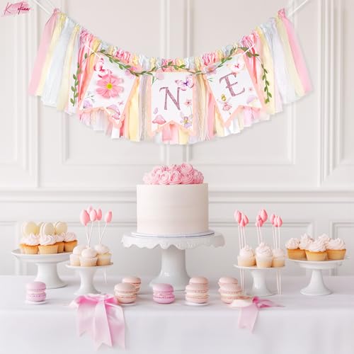 Image of Kriyokiaa Highchair Banner 1st Birthday Girl Floral and Butterfly Fairy Theme First Birthday Party Decoration for Photo Background