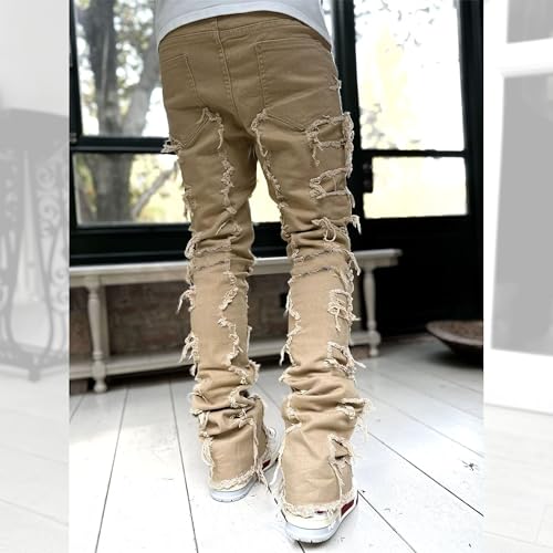 Men's Slim Fit Denim Pants Stacked Frayed Straight Leg Jeans Stretch Distressed Skinny Patchwork Trousers4