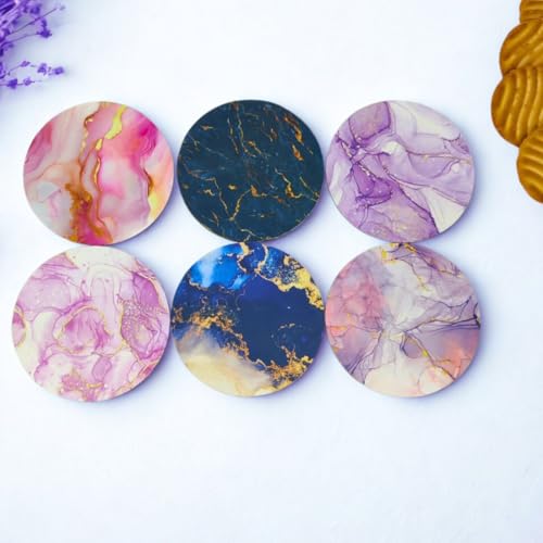 Image of Zesta Coasters for Cups Set of 6 / Wooden Coasters for Bar Accessories for Home /Tea Coaster Set of 6 / Waterproof Dining Table Decor Glass Cover (Marble, Circle)