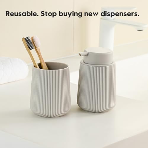 Image of YAUKPH Striped Foaming Hand Soap Dispenser with Leak-Proof Pump for Bathroom and Kitchen Countertop 11oz Beige
