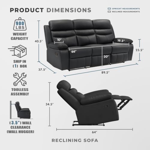 Image of Lexicon Leather Match Manual Recliner Sofa, Wall Hugger Recliner, Black