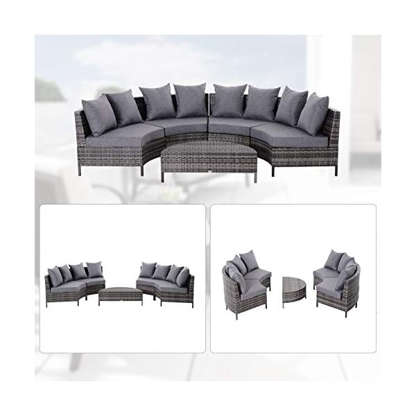 Outsunny Rattan Garden Furniture 4 Seaters Half-round Patio Outdoor Sofa & Table Set Wicker Weave Conservatory Cushioned Seat with Pillow - Grey - Image 6