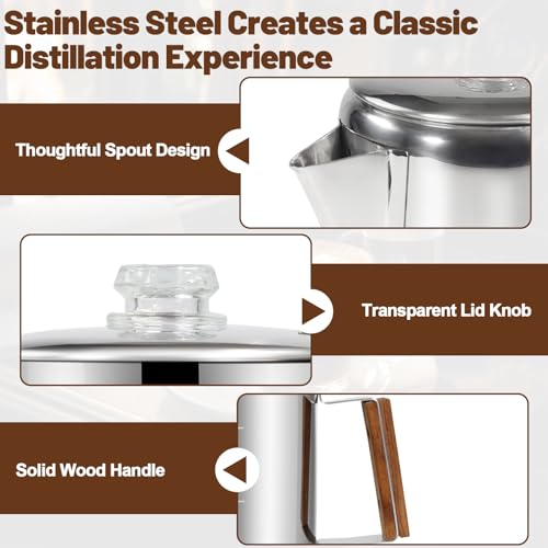 Image of 6 Cup Percolator 304 Stainless Steel Coffee Pot Coffee Maker Coffee Machine with Solid Wood Handle Transparent Knob Stovetop Greca Mocha for Induction Home and Camping 1000ml 33.8oz