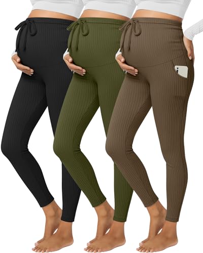 Sweetyweee 3 Pack Women's Maternity Leggings Cotton Ribbed Pregnancy Pants Drawstring Workout Yoga Active Pants with Pockets(Black, Army Green, Coffee,Large)