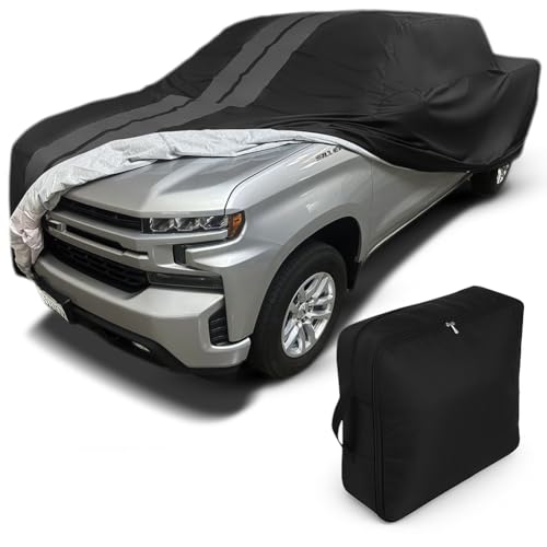 Image of SR1 Performance USA Ultraguard Truck Cover for 1999-2026 Chevrolet Silverado & GMC Sierra 1500 Crew Cab 5.5ft Bed - Custom Fit Indoor /Outdoor UV Protection, 300D Water Resistant (Black /Gray Stripes)