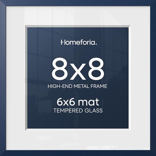 Image of Homeforia Navy Blue Frame 8x8, High End Metal 8 x 8 Square Picture Frames with Mat 6 x 6 Art, 8x8 Photo Frame Matted to 6x6 inch Print, 8by8 Wall or Tabletop Frames, Tempered Glass, Wall Kit, Set of 1