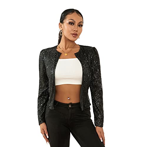FeMereina Chaqueta de lentejuelas para mujer, manga larga, frente abierto, chaqueta corta con purpurina, abrigo casual para fiesta o club, Negro, S