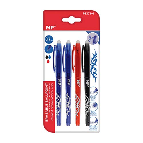 MP - Bolígrafos Borrables y Recargables con Punta de Bola, Tapa Removible, 4 unidades - 2 Azules, 1 Rojo y 1 Negro, PE171-4