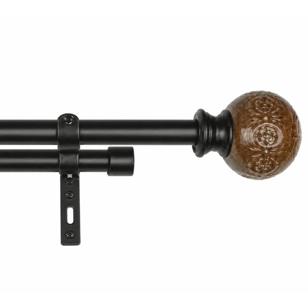 The Decor Mart 84"-144" Adjustable Double Curtain Rod for Door & Windows with Brackets Set Curtains Hanging Extendable Iron Metal Pipe Holder with Floral Emboss Ceramic Finial (Black, 0.75" Diameter)