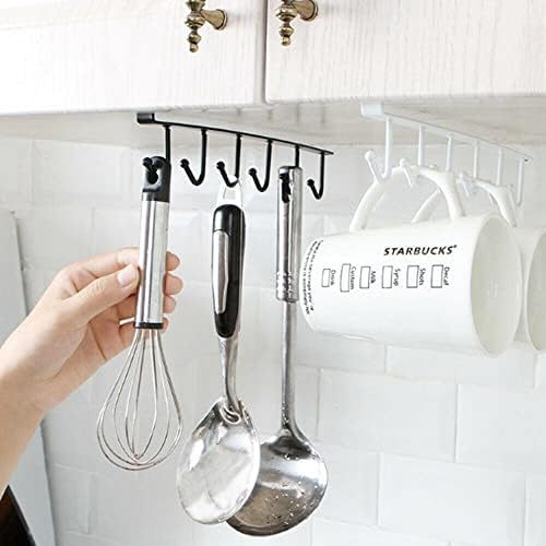 Cup Holder Under Cabinet Pack of 2 for Coffee Tea Cup Mug Holder with 6 Hooks Under Shelf - Glasses Storage Drying Holder Rack Cupboard for Kitchen (White)