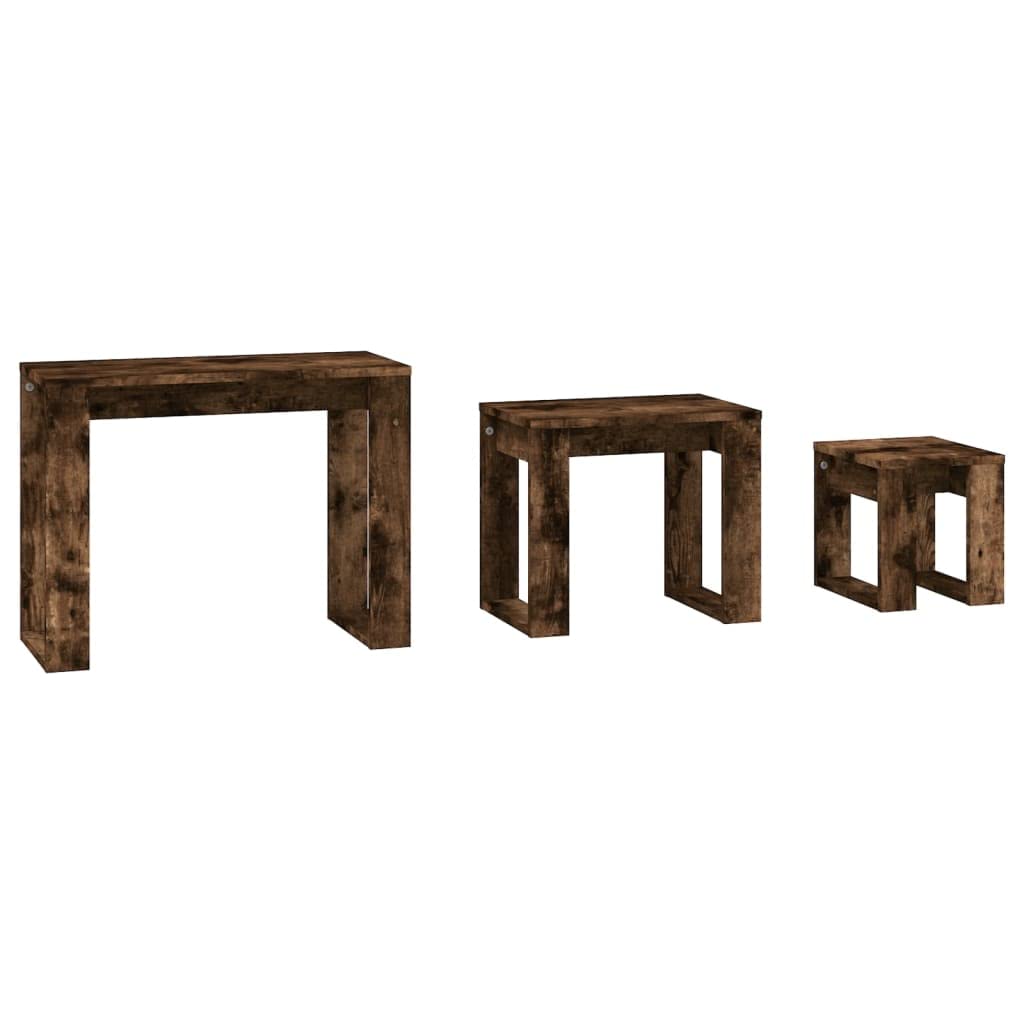 vidaXL Nesting Tables - Set of 3 - Smoked Oak Finish - Versatile and compact Furniture Suitable for Living Room or Bedroom - Engineered Wood Construction