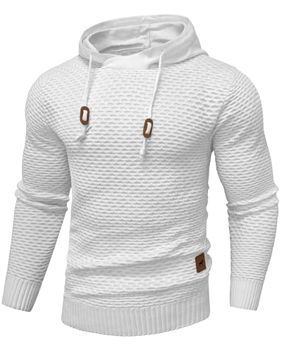 Hypestfit Men'S Form Fitting Knit Pullover Sweater Hoodie Drawstring Hooded Sweatshirt White cover
