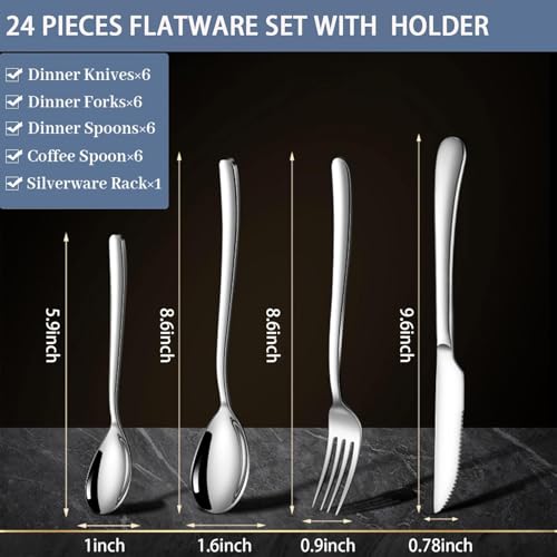 Image of 24 Pieces Flatware Set, Stainless Steel Cutlery Set with Silverware Holder, Modern Gold Silverware Set Includes Dinner Knives Forks Spoons,Hanging Silverware (Silver)