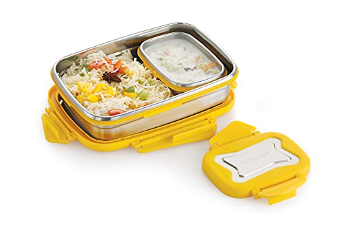 Image of STEELLOCK Smart Stainless Steel Tiffin Lunch Box 2pc Set - Airtight Leakproof Rectangle Combo - 750ml & 170ml with Steel Lids - Yellow - Ideal for Kids & Adults, School & Office