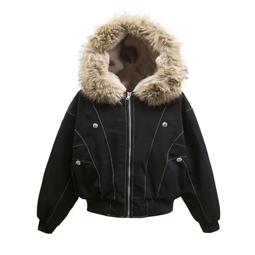 Y2k Zip Up Jacket Unisex Baggy Cotton Jacket Winter Long Sleeve Fur Hoodie Casual Outerwear