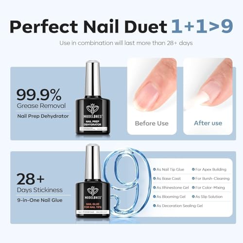 Image of modelones X Nail Gel Kit, 9-in-One Glue Prep Dehydrator & Portable Led Lamp | 15Sizes Gel Nail Tips Short Square 510Pcs Pre-shaped Square Press On Extension Kit DIY Salon Home Gift for Women